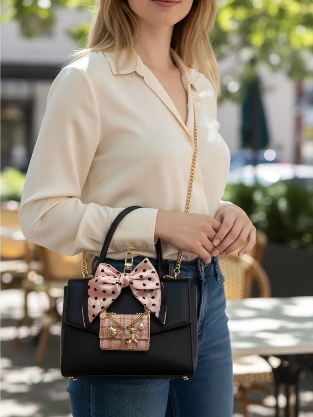 Piper K Pink Polka Dot Bow and Purse Bag Charm